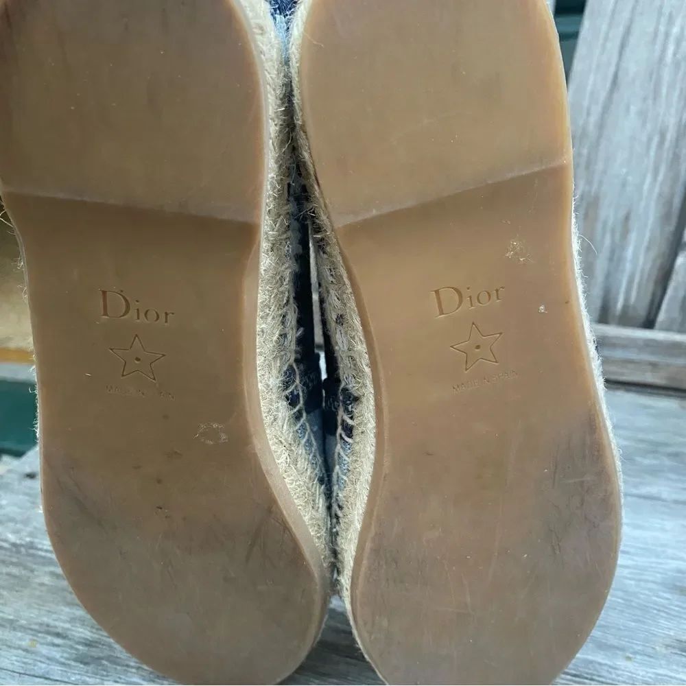 Dior Granville Tie Dye Denim Blue White Logo Embroidered Espadrille Flat 35